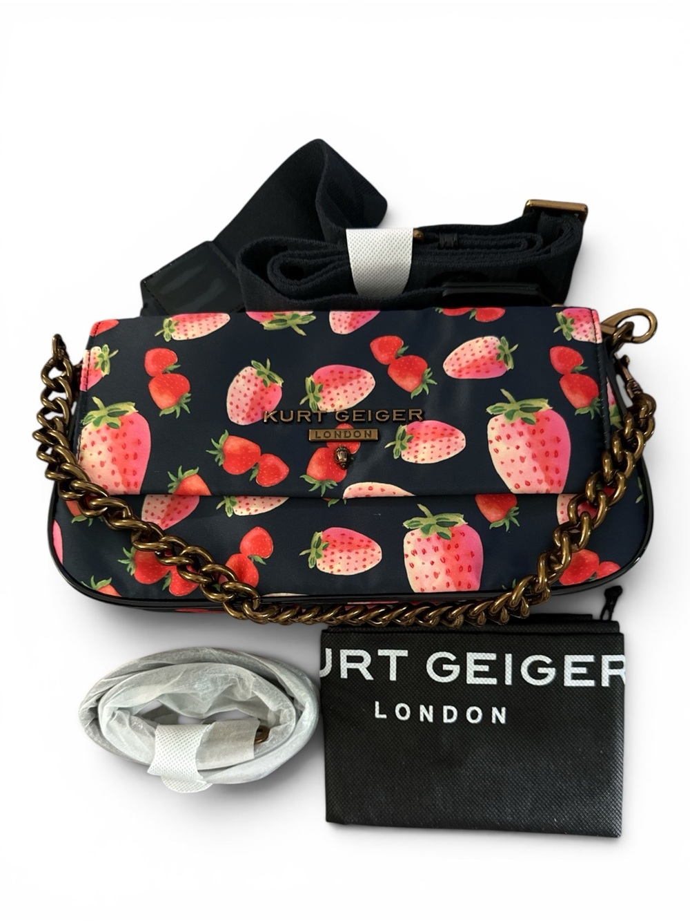 Kurt Geiger Black Crossbody Bag with Pink & Red Strawberry Print